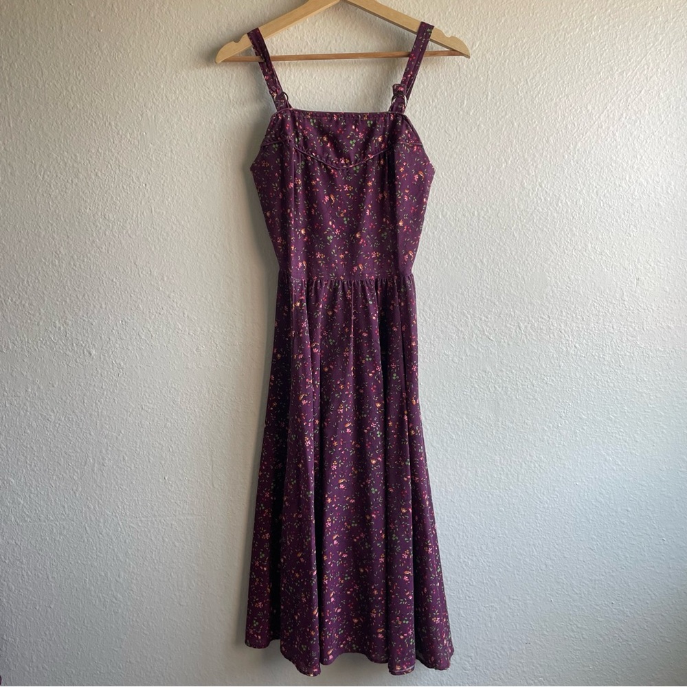 Vintage 1970s Handmade Purple Floral Square-Neck Midi Dress
